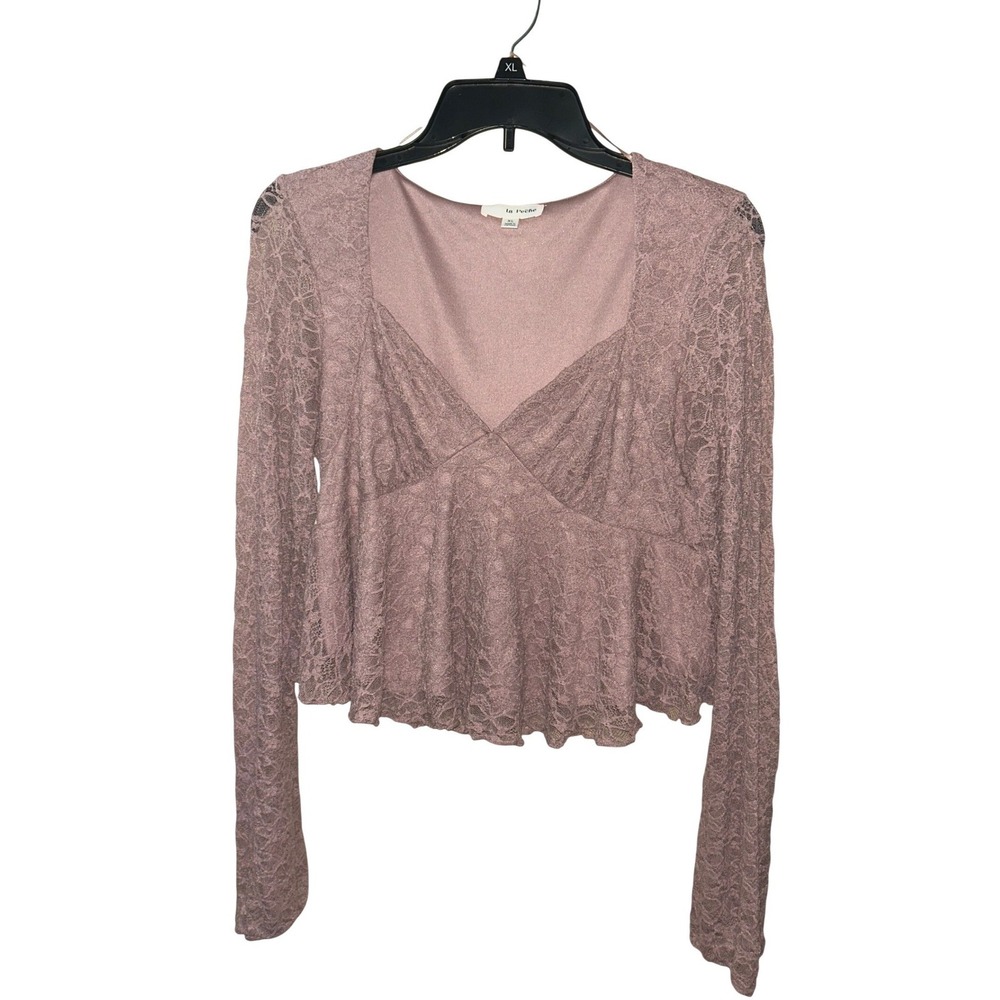 Y2K Vintage La Peche Mauve Lace Long Sleeve Peplum Top Sweetheart Neck XL